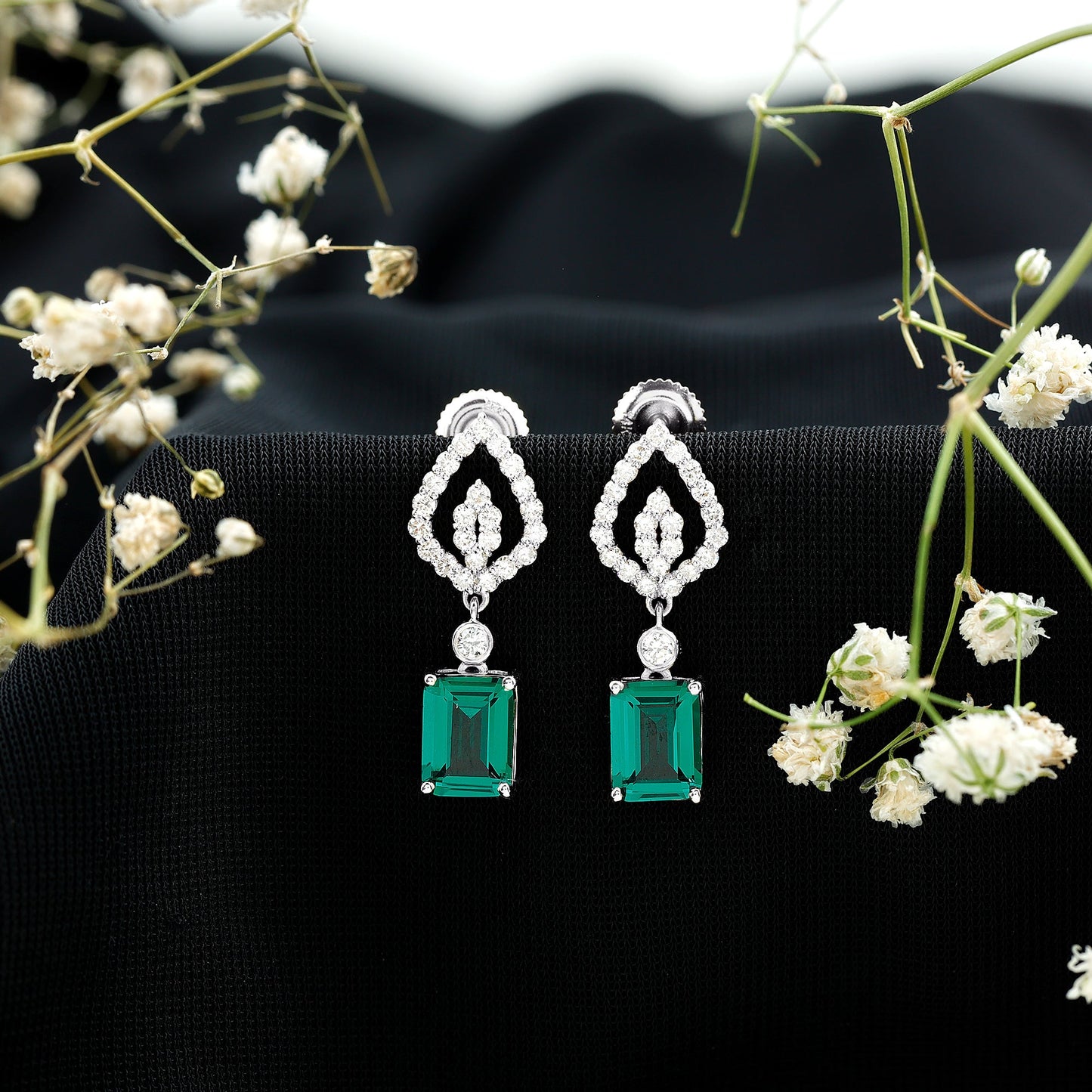 Art Deco Lab Grown Emerald Diamond Drop Earrings With Screw Back