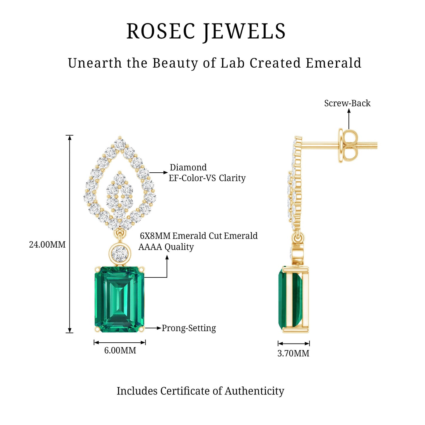 Art Deco Lab Grown Emerald Diamond Drop Earrings With Screw Back
