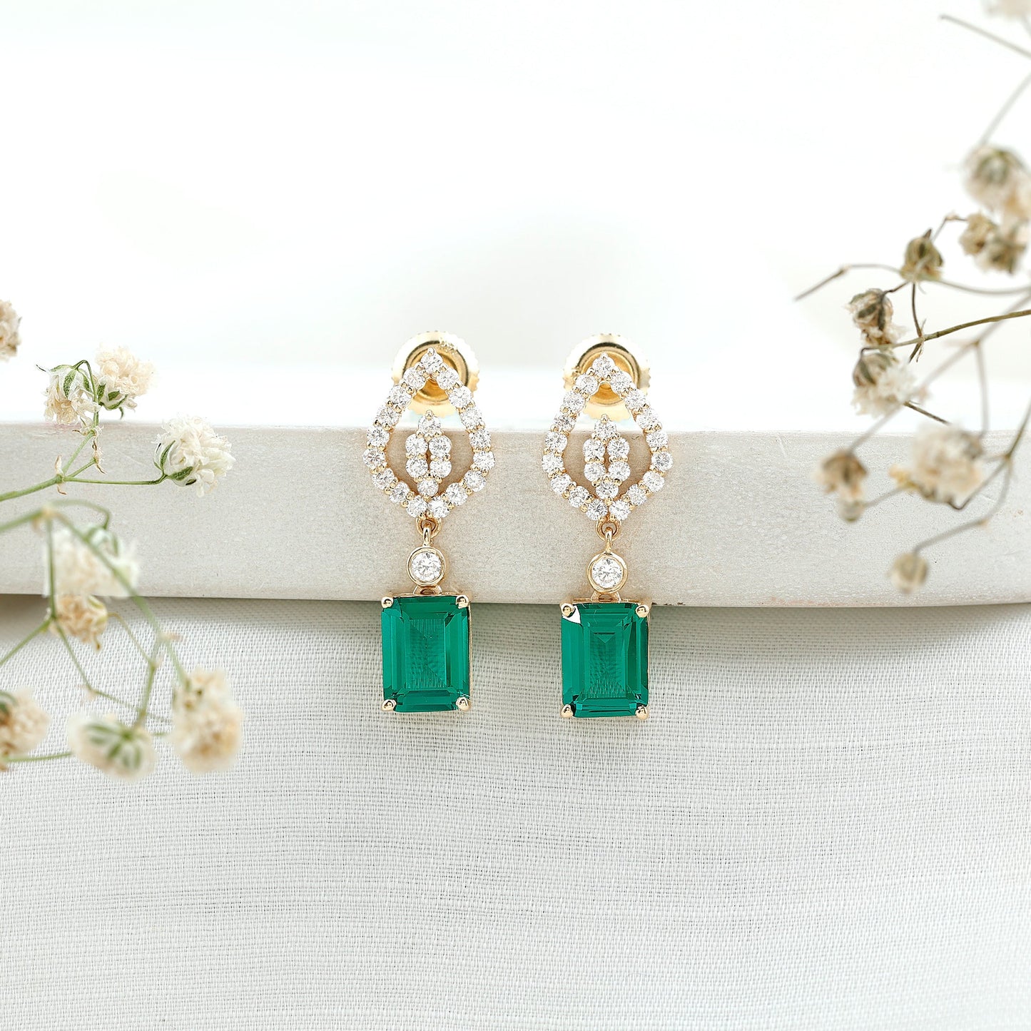 Art Deco Lab Grown Emerald Diamond Drop Earrings With Screw Back