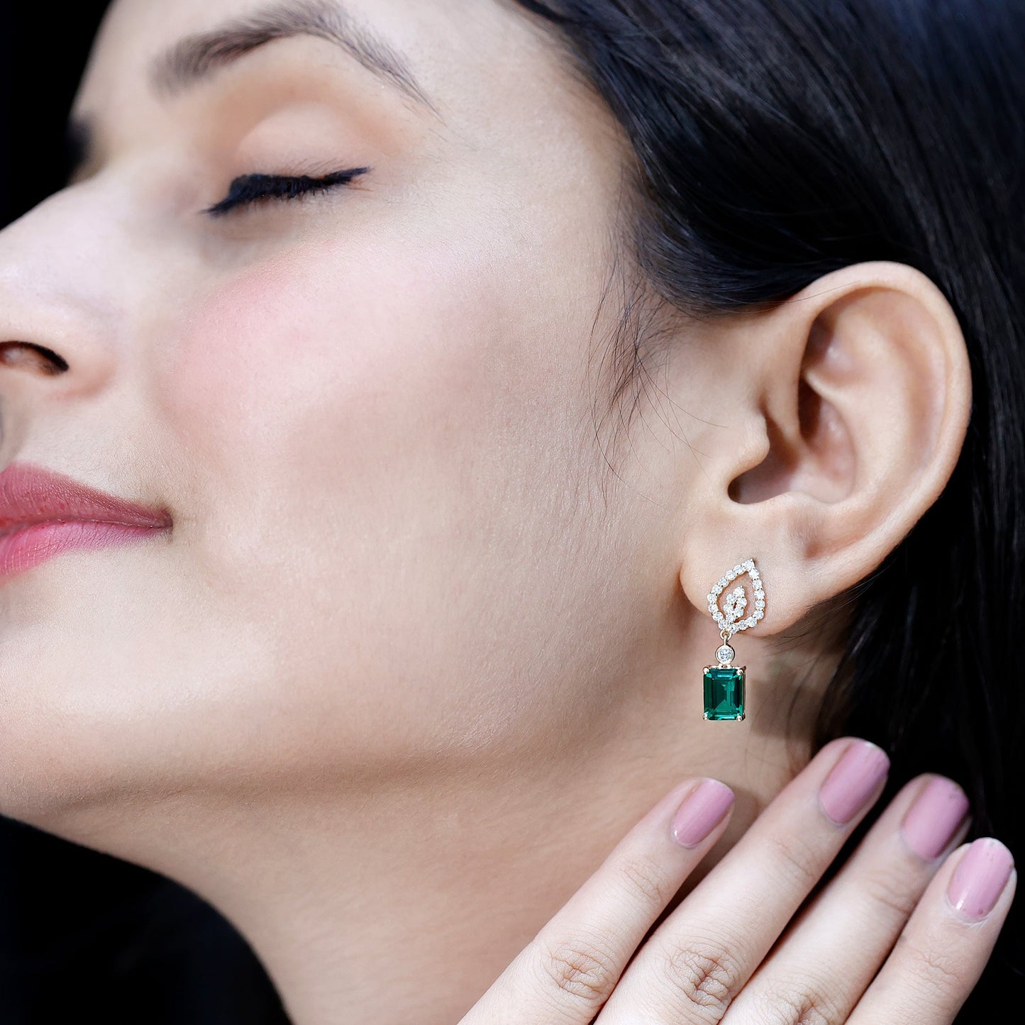 Art Deco Lab Grown Emerald Diamond Drop Earrings With Screw Back