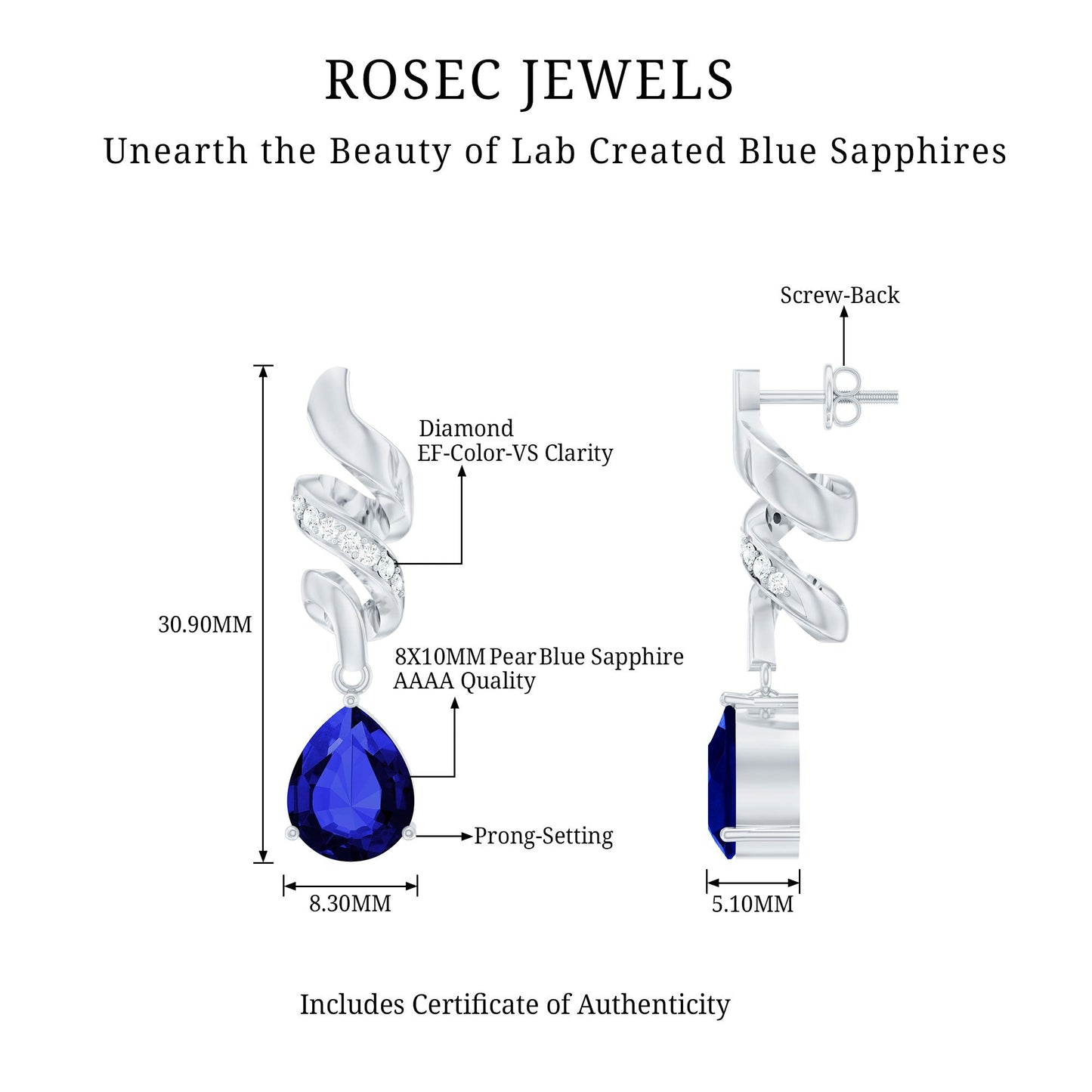 Designer Lab Grown Blue Sapphire Teardrop Earrings with Diamonds