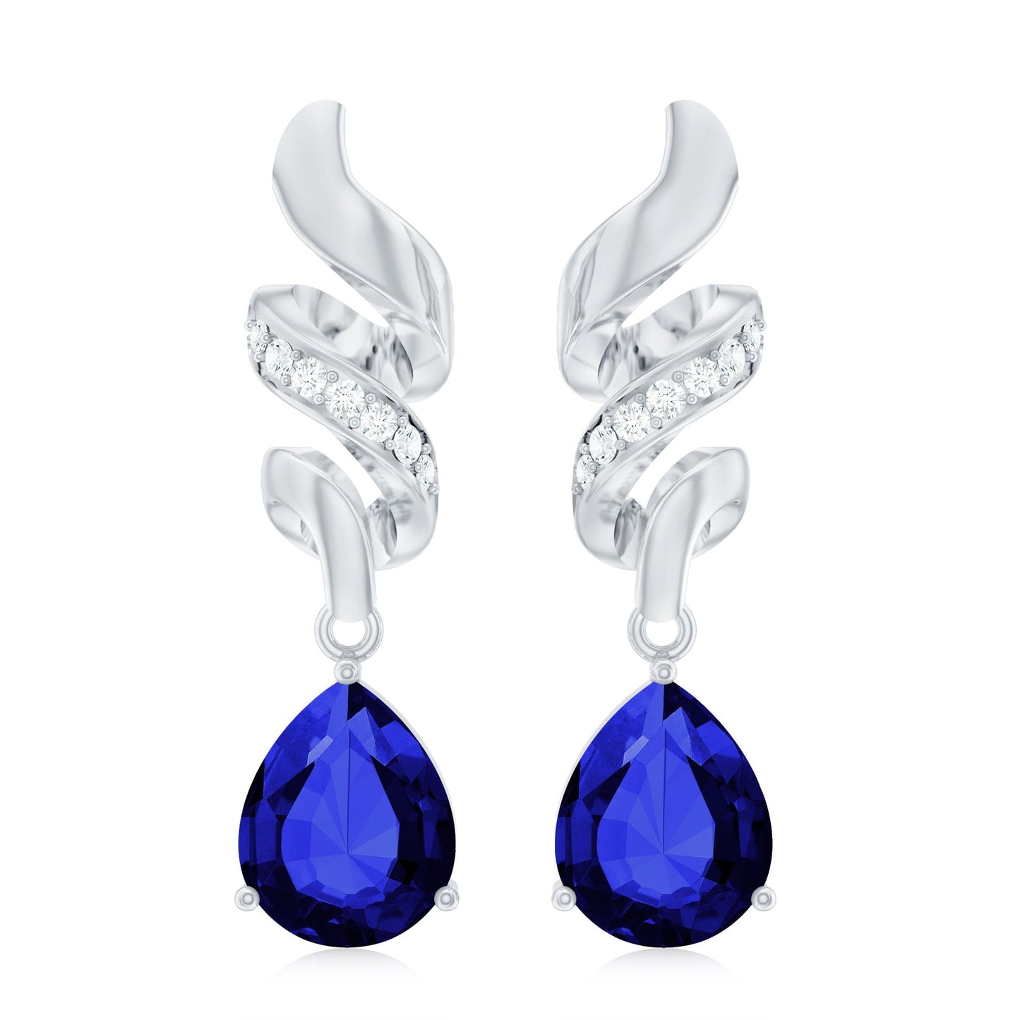 Designer Lab Grown Blue Sapphire Teardrop Earrings with Diamonds