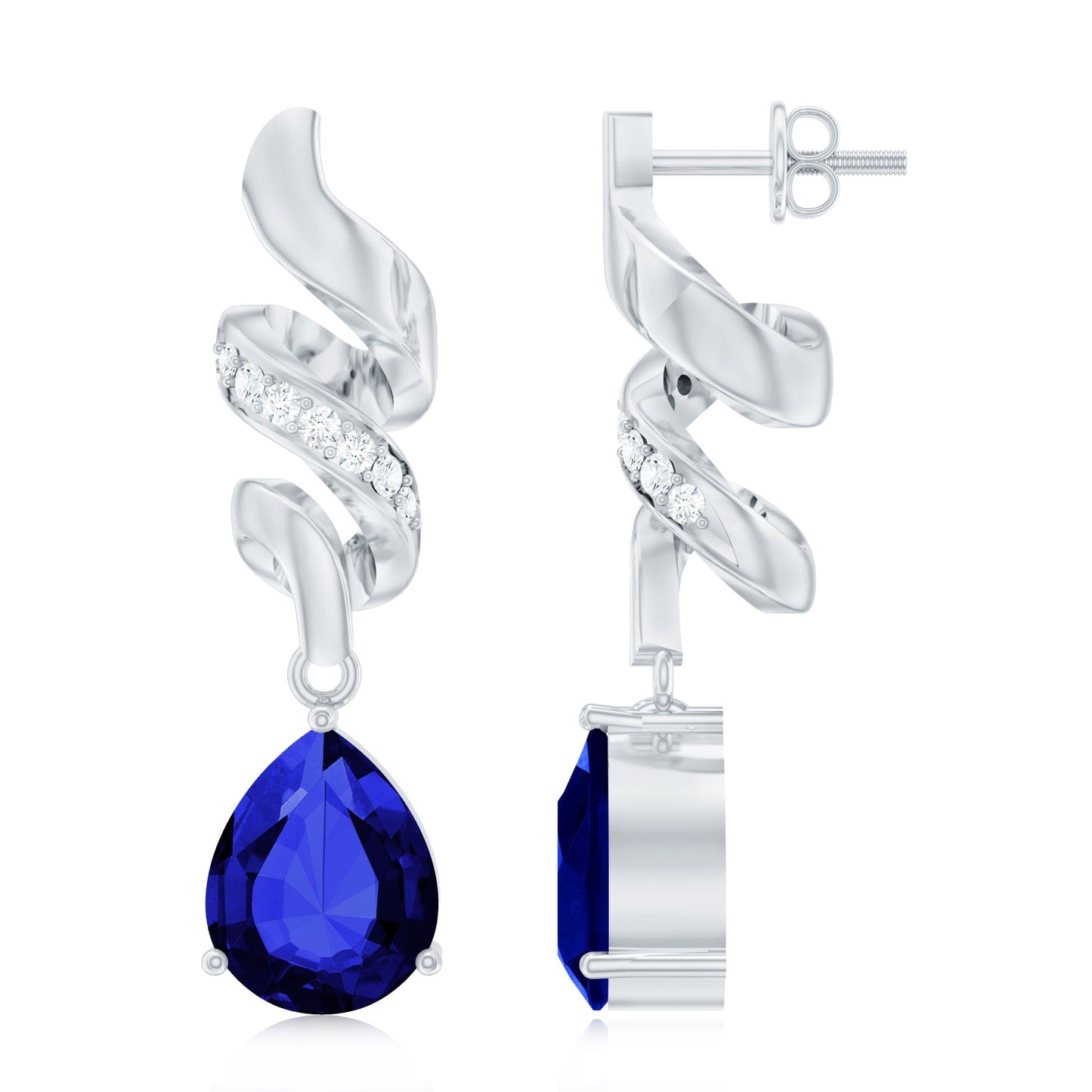Designer Lab Grown Blue Sapphire Teardrop Earrings with Diamonds