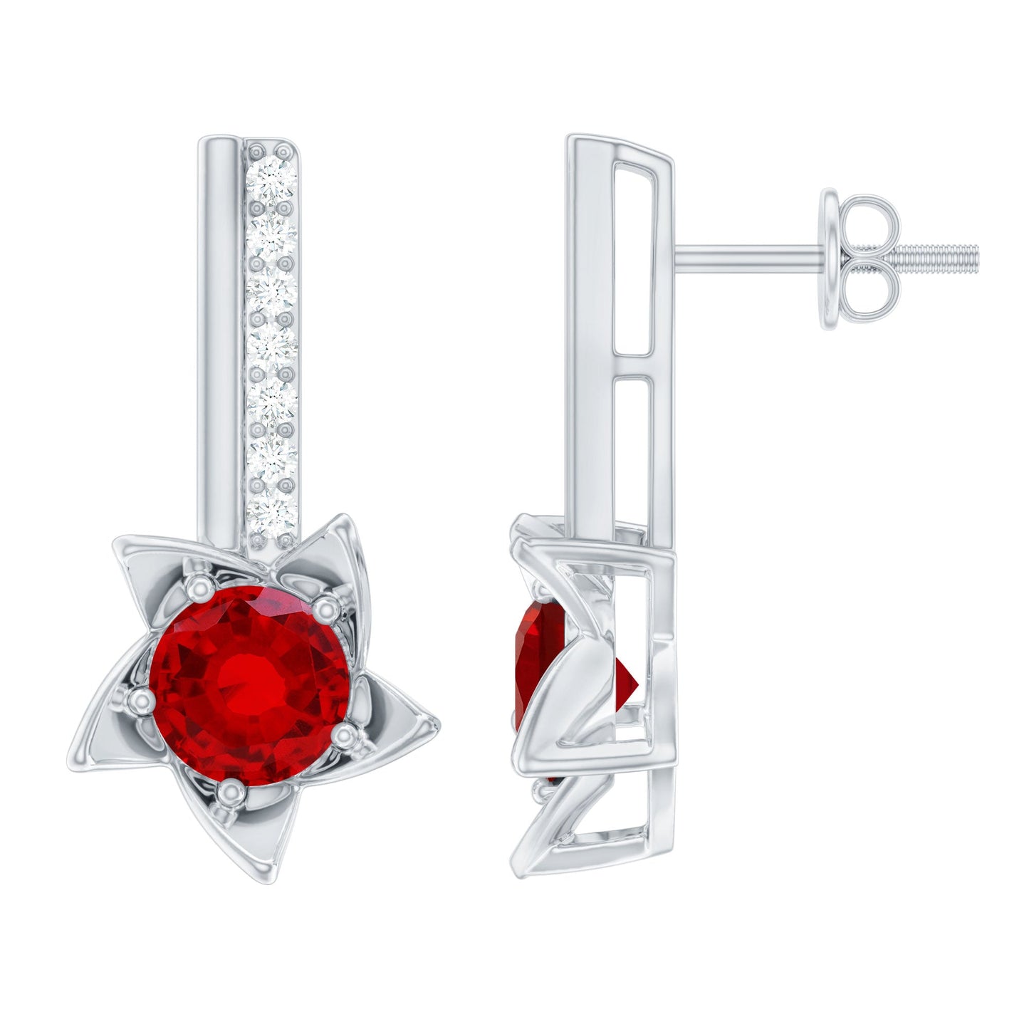 Lab Grown Ruby Diamond Rose Flower Earrings