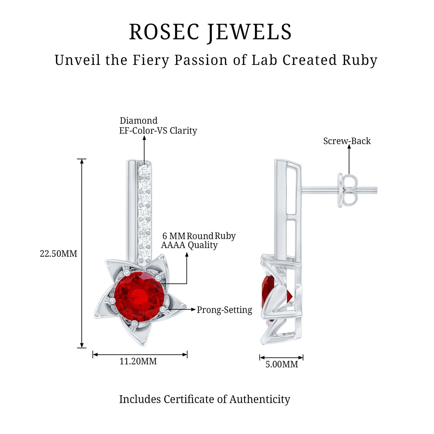 Lab Grown Ruby Diamond Rose Flower Earrings