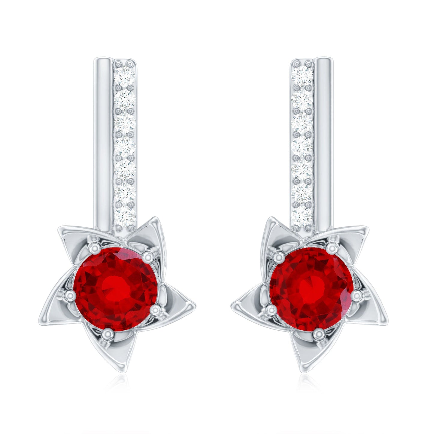 Lab Grown Ruby Diamond Rose Flower Earrings