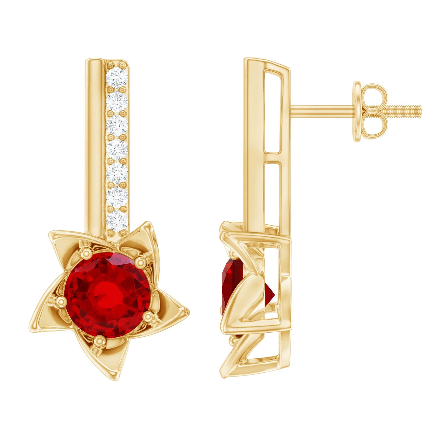 Lab Grown Ruby Diamond Rose Flower Earrings