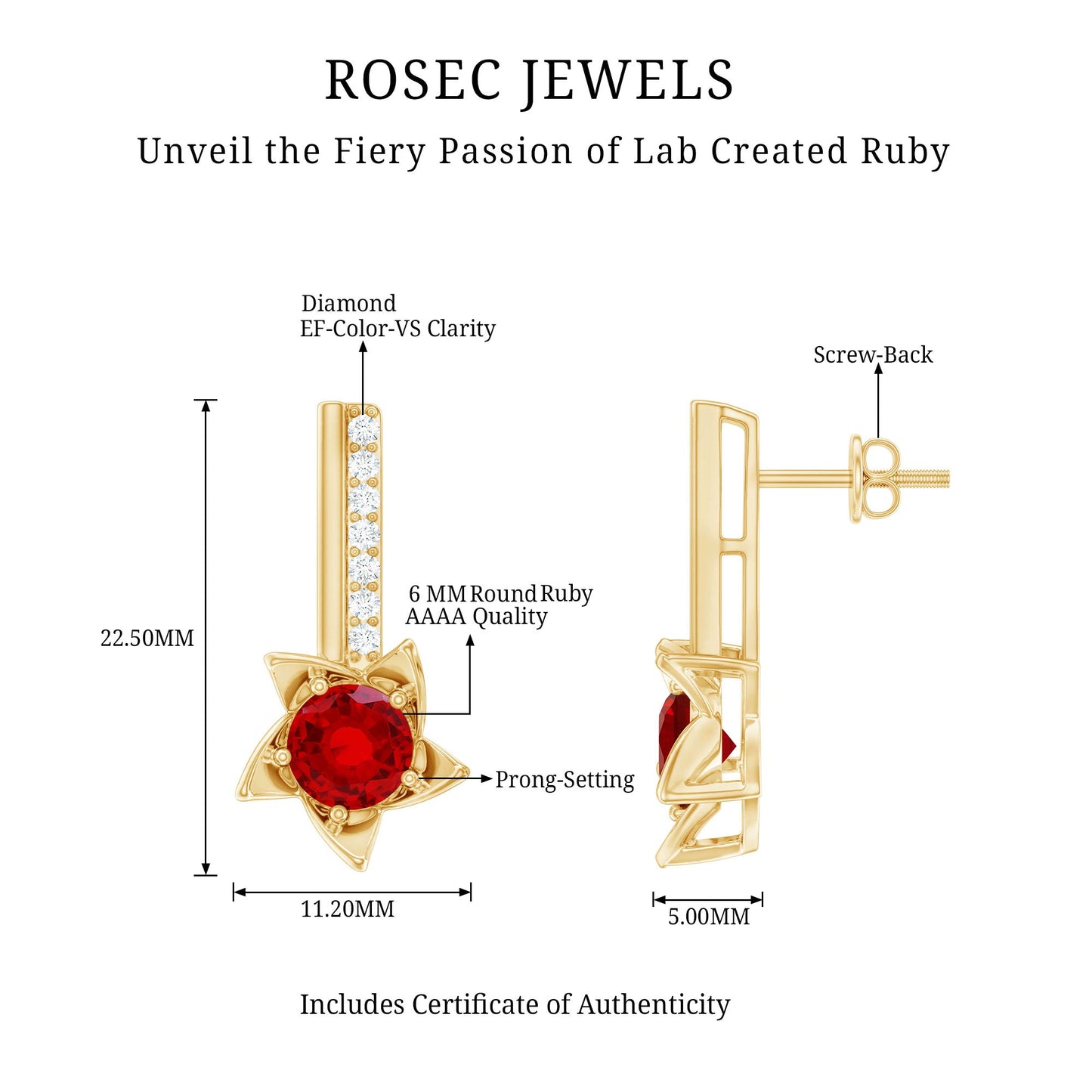 Lab Grown Ruby Diamond Rose Flower Earrings