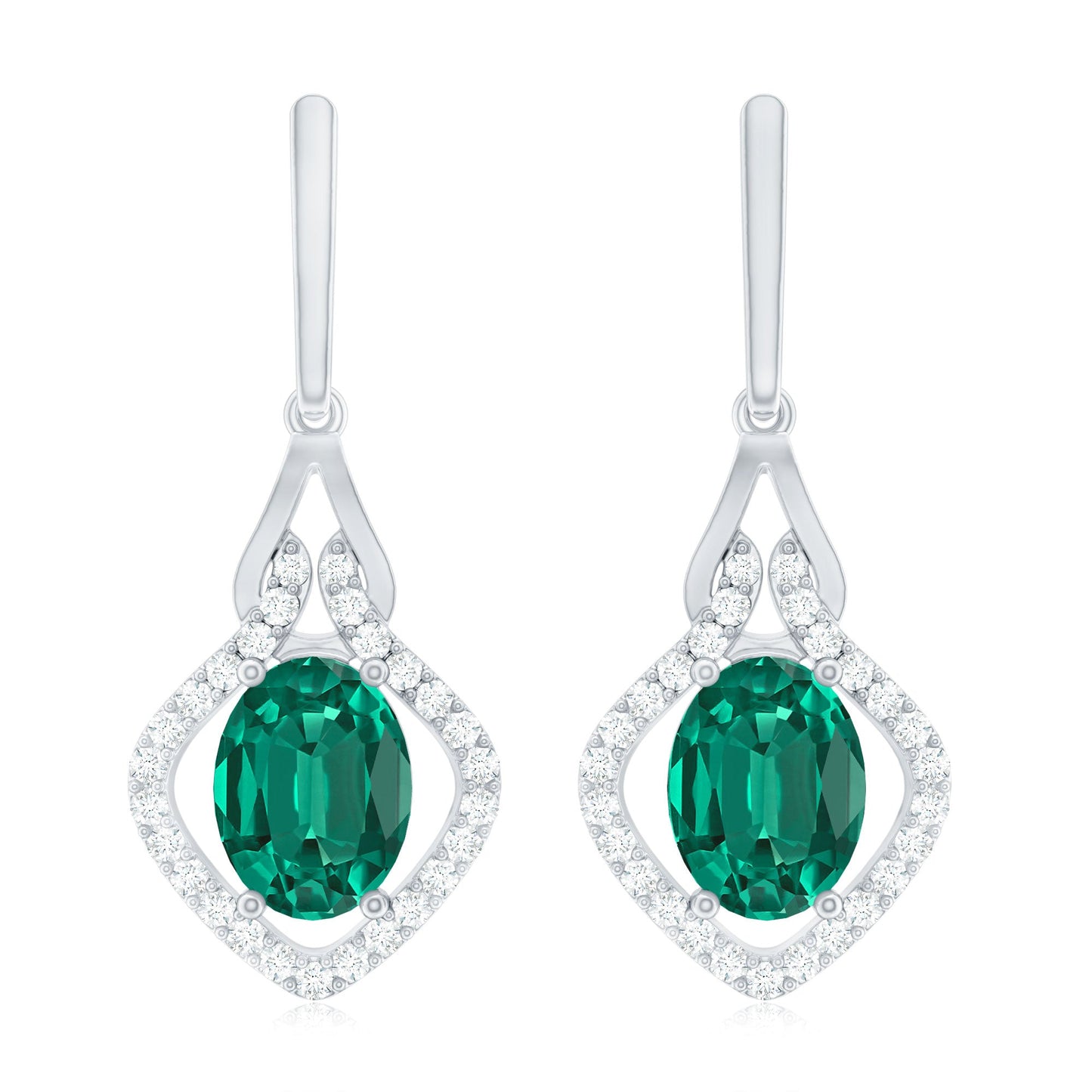 Lab Grown Emerald Drop Dangle Earrings with Diamond Accent