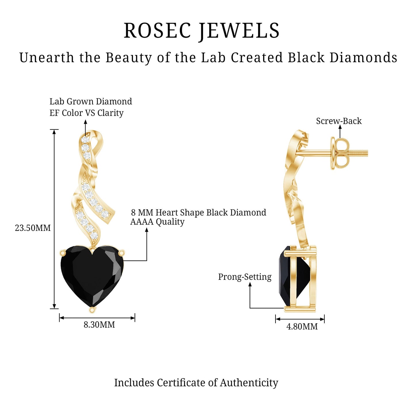 Lab Grown Black Diamond Heart Drop Earrings with Diamonds