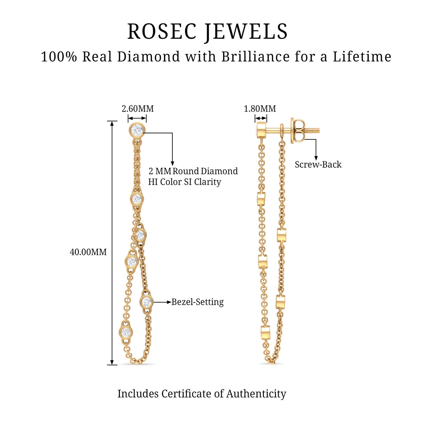 Bezel Set Real Diamond Chain Earrings