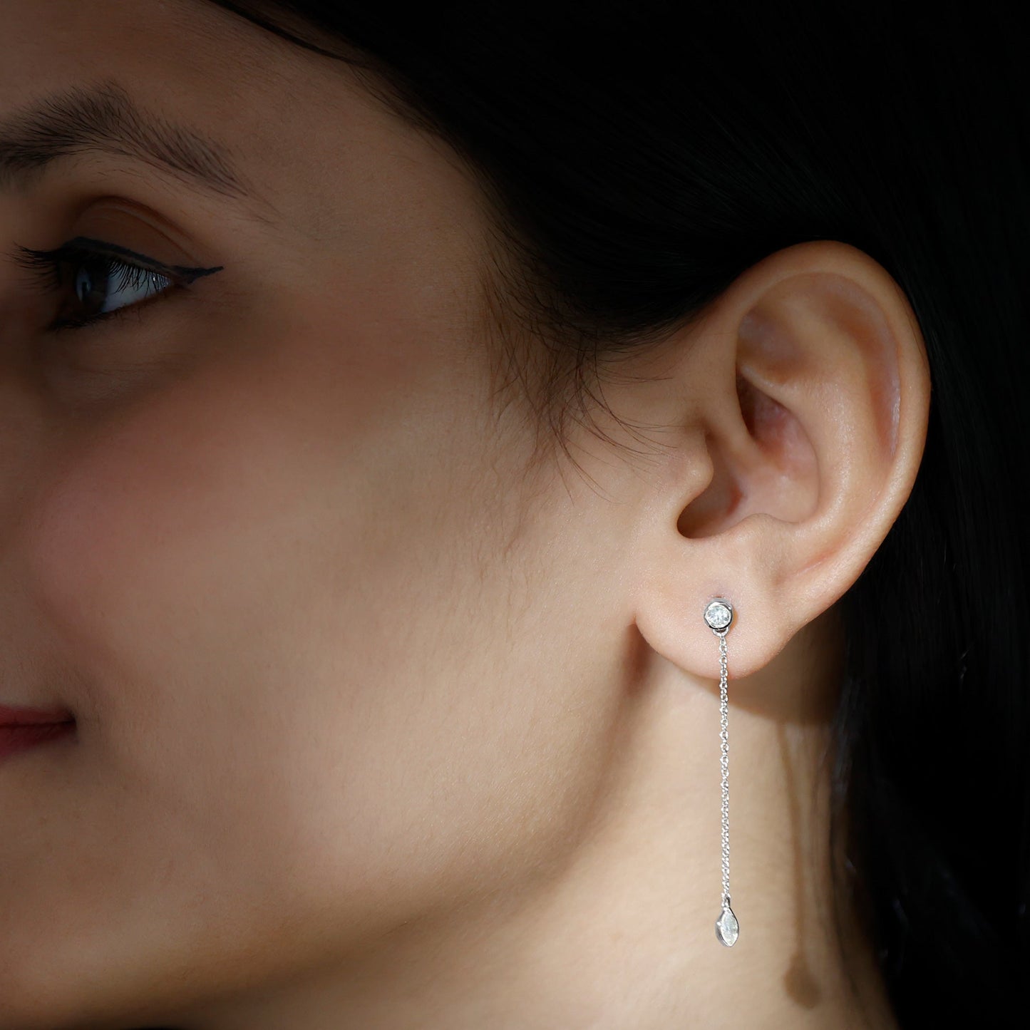 Certified Diamond Dangle Chain Earrings in Bezel Setting