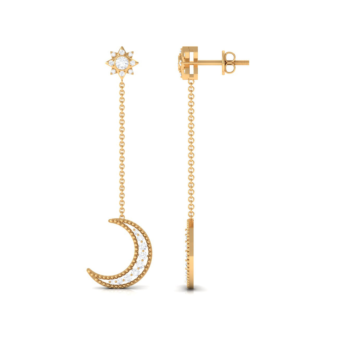Certified Diamond Star and Moon Chain Earrings