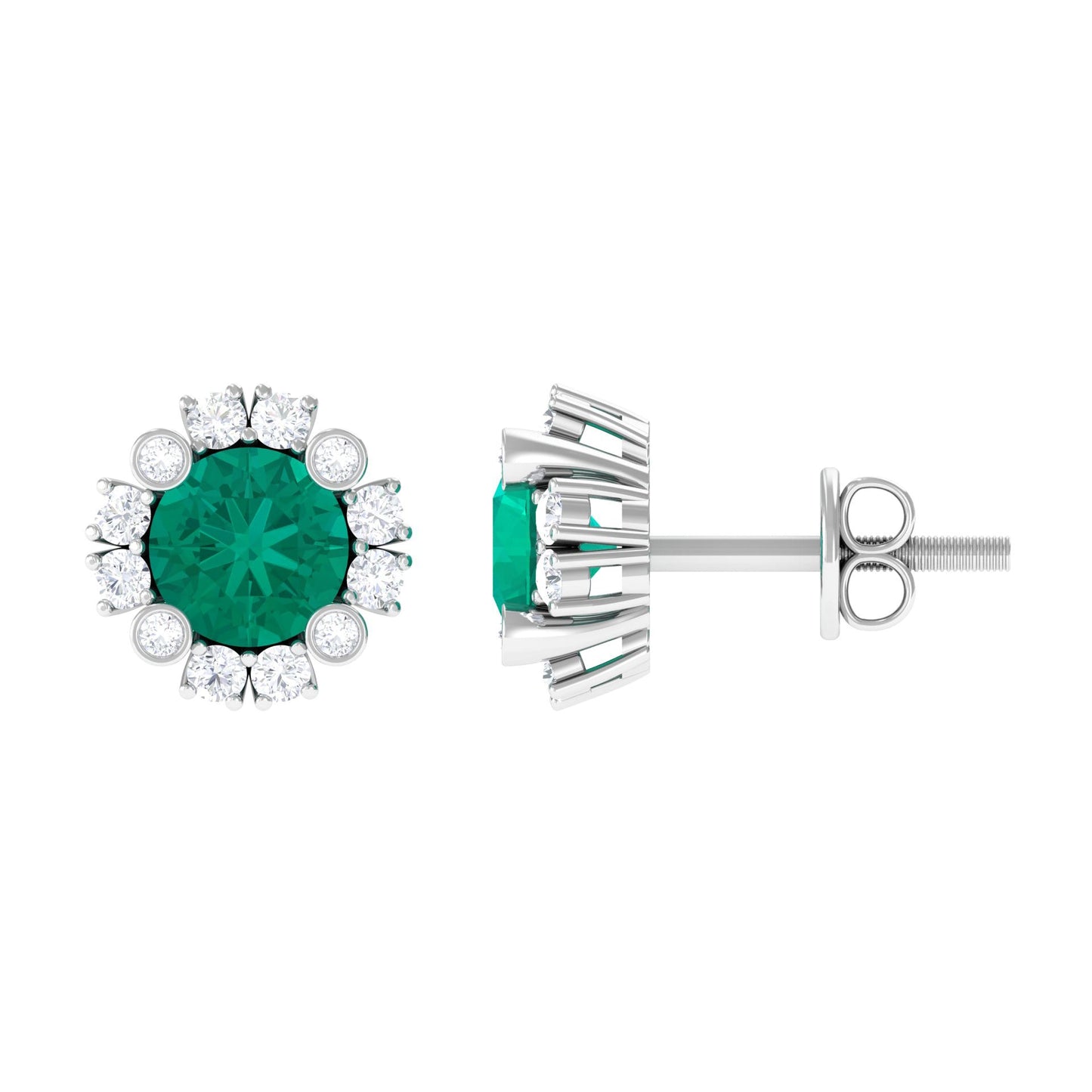 Real 0.99 Carat Emerald and Diamond Halo Stud Earrings