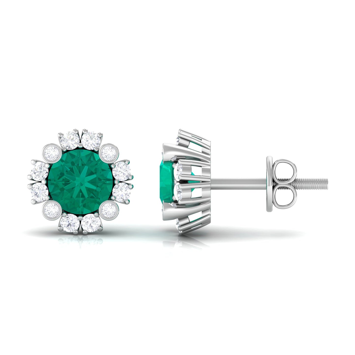 Real 0.99 Carat Emerald and Diamond Halo Stud Earrings