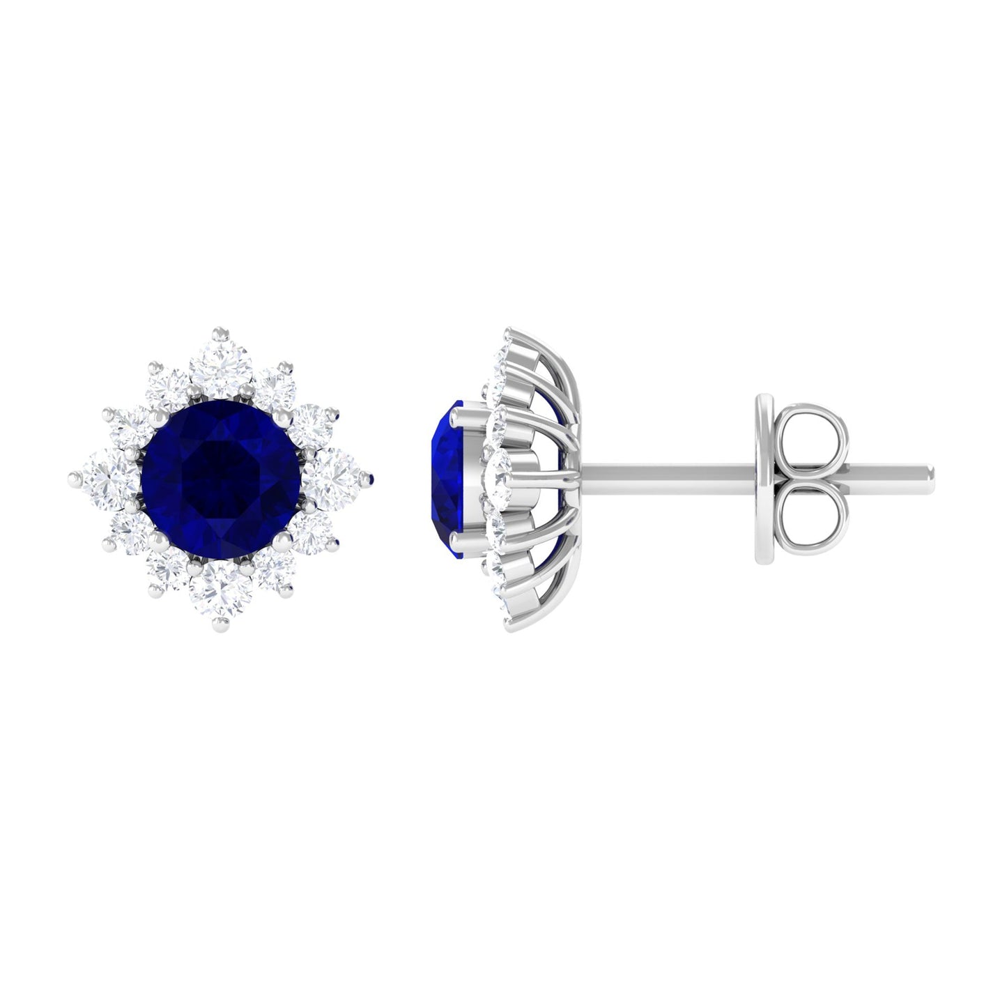 Genuine 0.8 Carat Blue Sapphire Stud Earrings with Diamond Halo