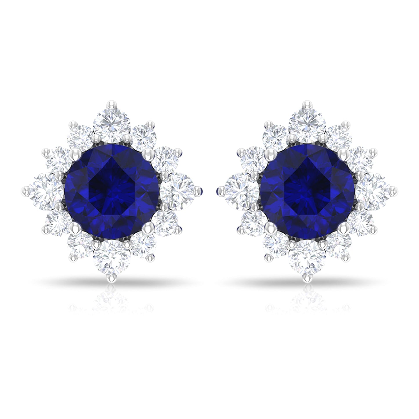 Genuine 0.8 Carat Blue Sapphire Stud Earrings with Diamond Halo