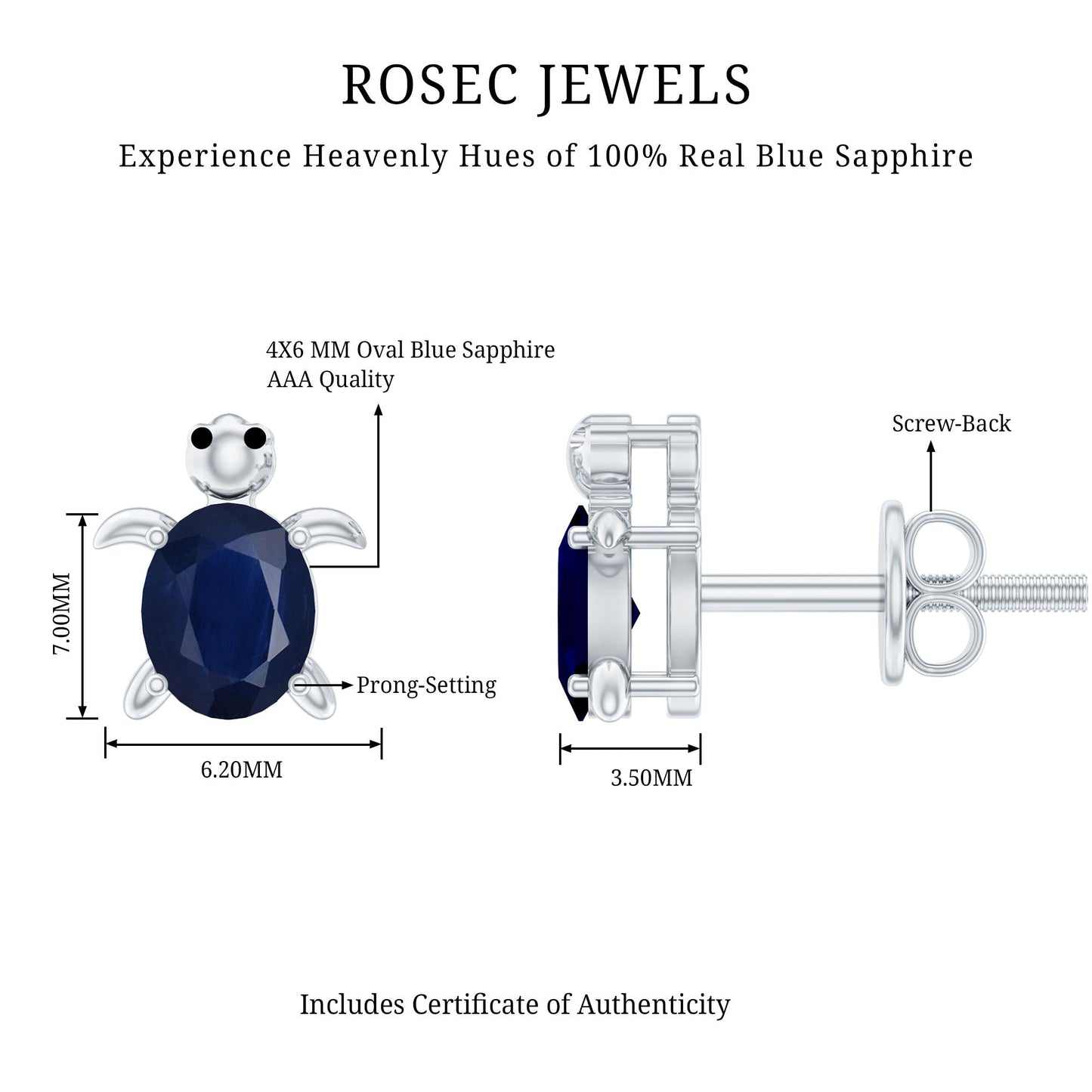 1.2 Carat Oval Cut Blue Sapphire Sea Turtle Earrings