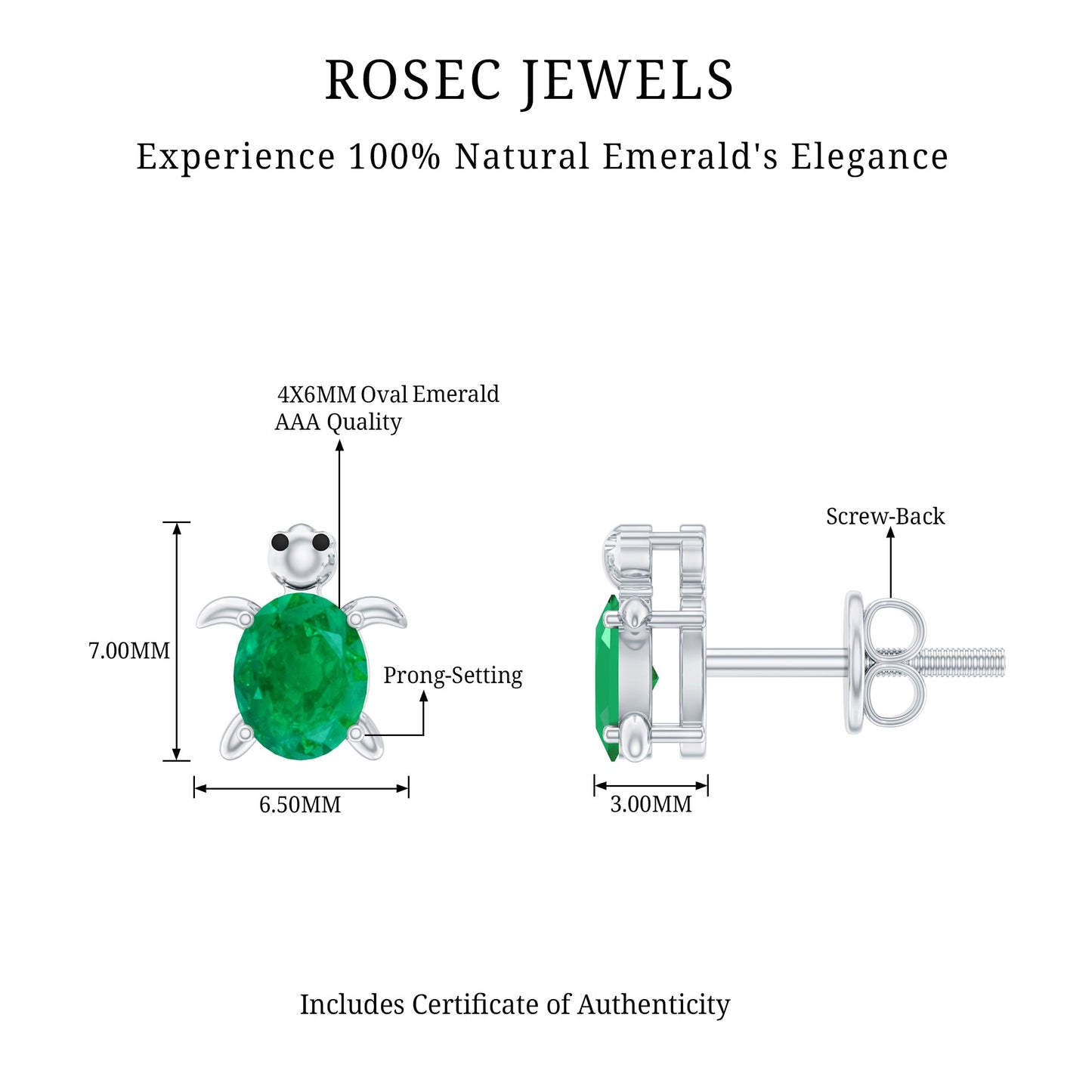 Oval Shaped Emerald Turtle Stud Earrings