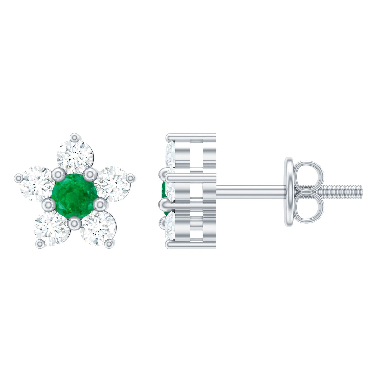Real Emerald and Diamond Flower Cluster Stud Earrings