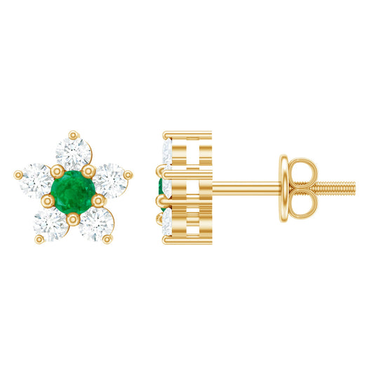 Real Emerald and Diamond Flower Cluster Stud Earrings