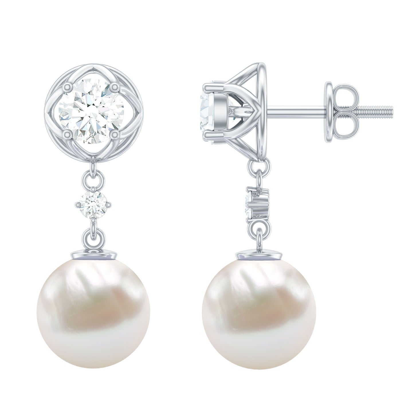 6 Carat Freshwater Pearl Flower Drop Earrings with Moissanite