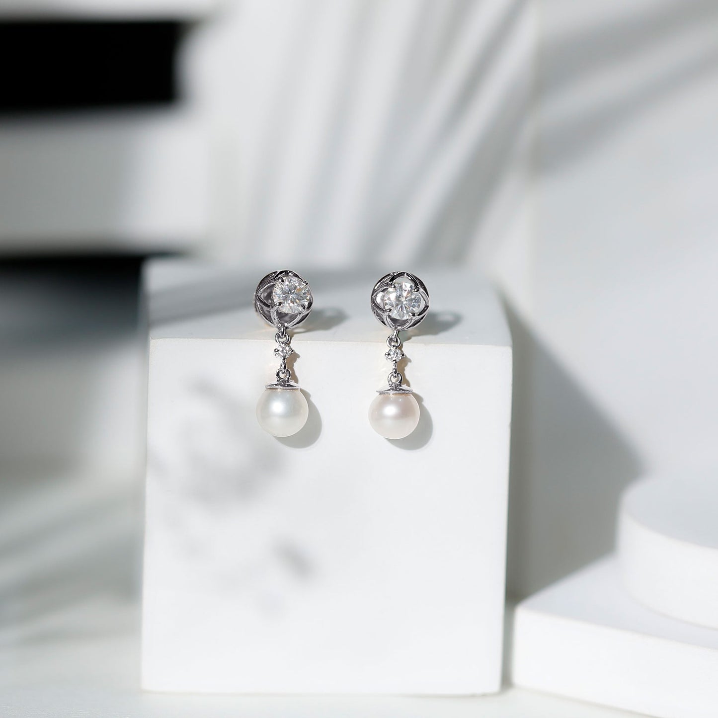6 Carat Freshwater Pearl Flower Drop Earrings with Moissanite