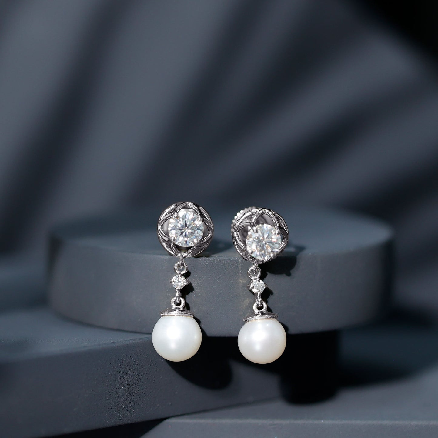 6 Carat Freshwater Pearl Flower Drop Earrings with Moissanite