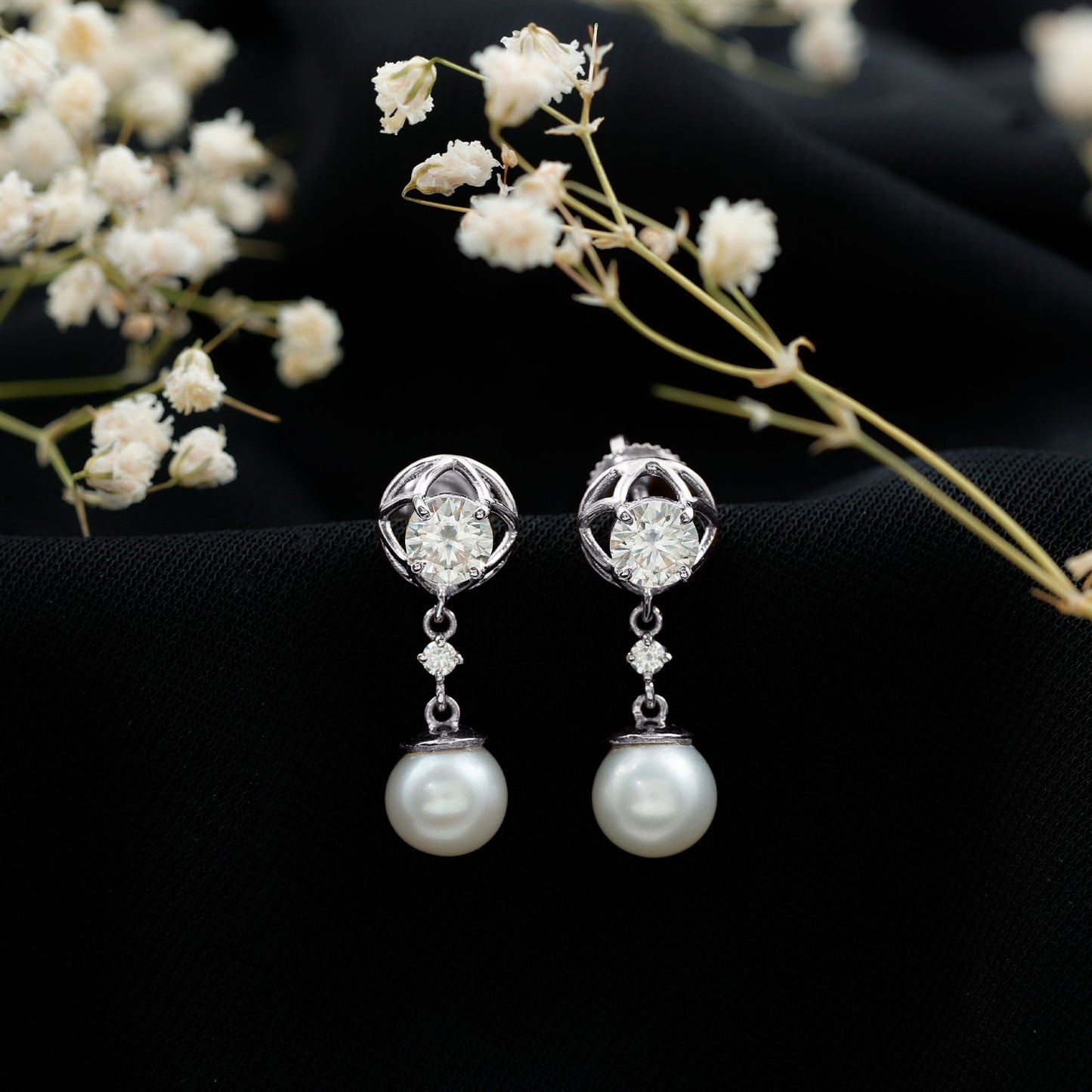 6 Carat Freshwater Pearl Flower Drop Earrings with Moissanite
