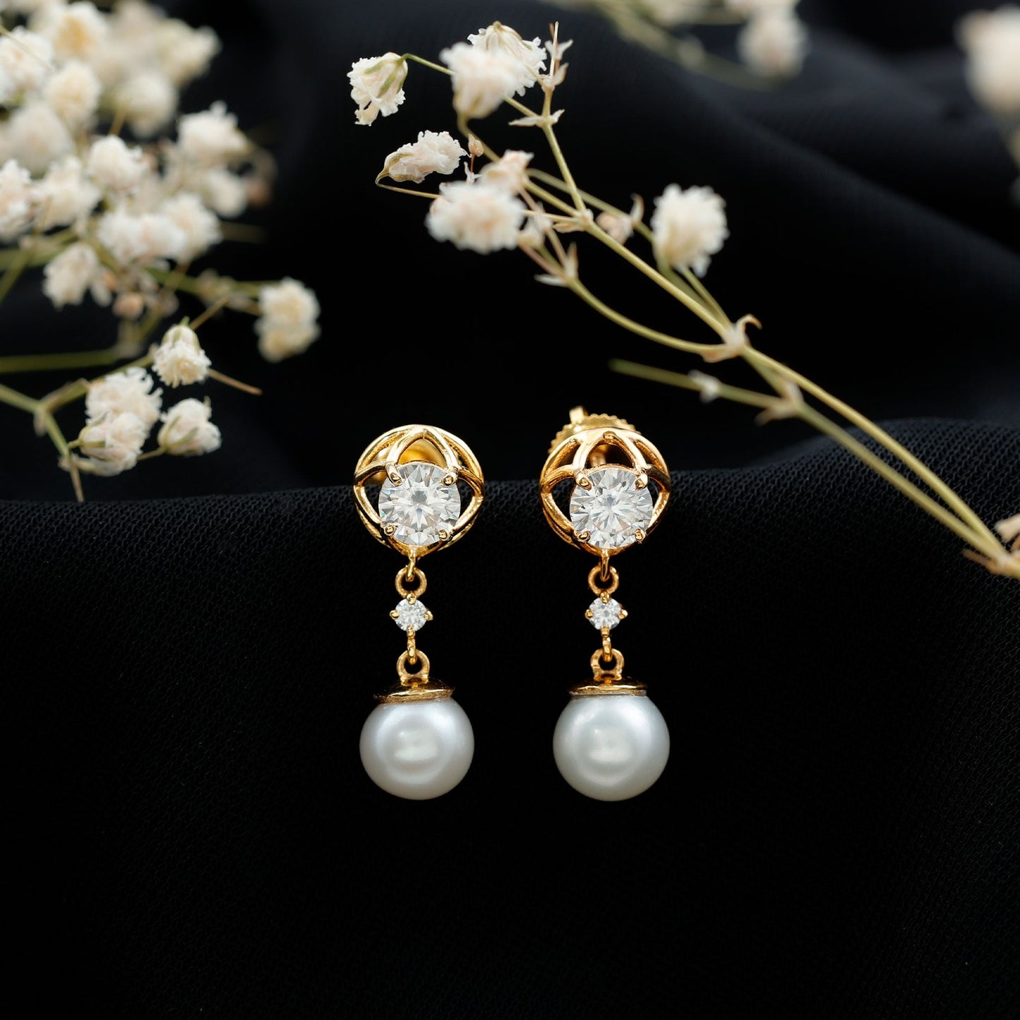 6 Carat Freshwater Pearl Flower Drop Earrings with Moissanite