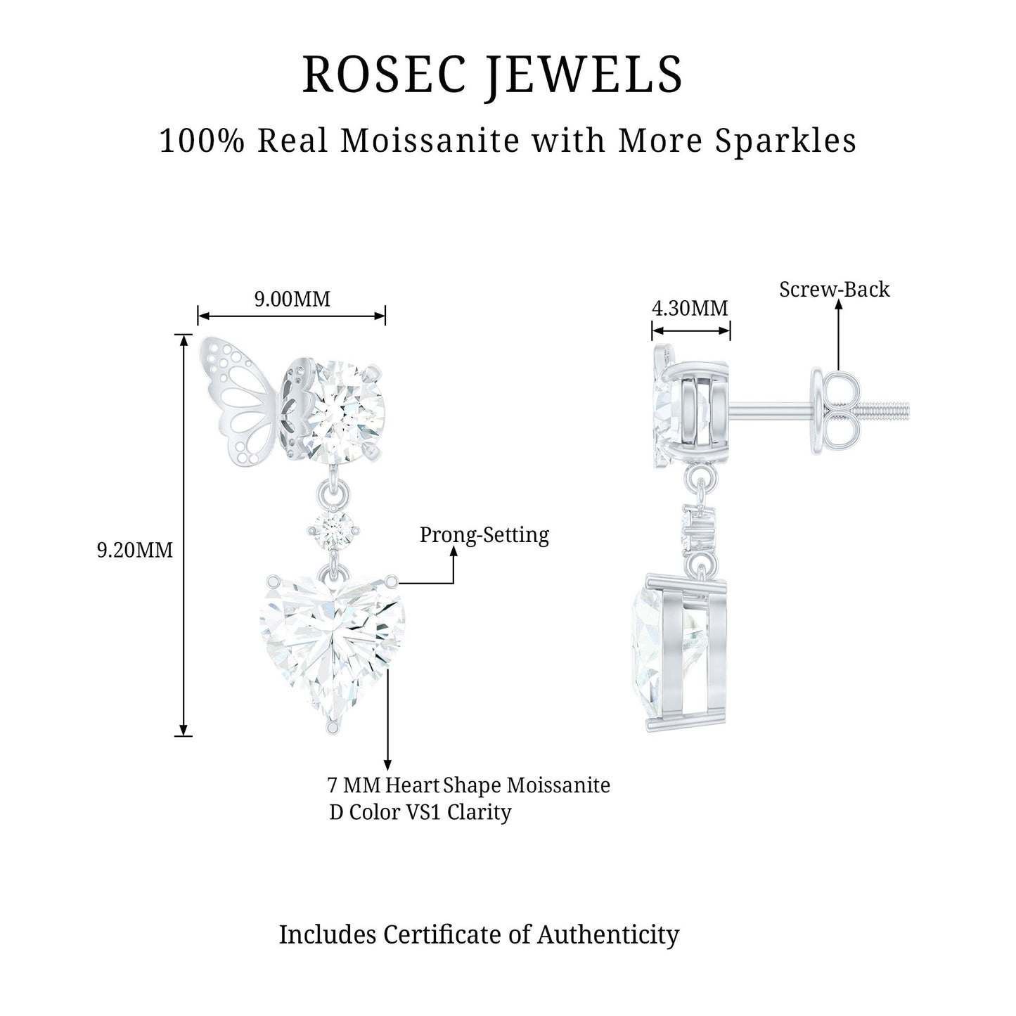 3 Carat Heart Shape Moissanite Drop Earrings with Butterfly