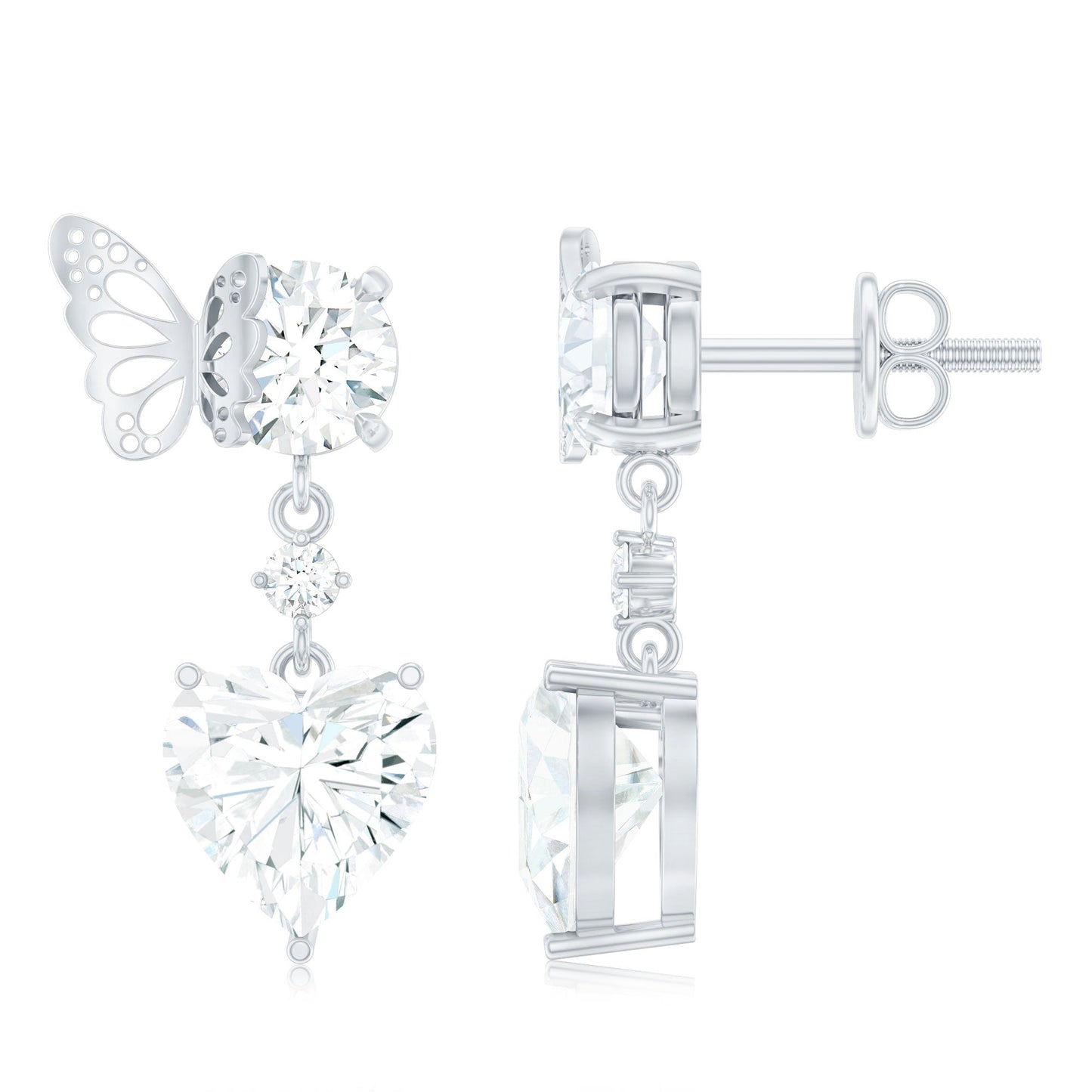 3 Carat Heart Shape Moissanite Drop Earrings with Butterfly