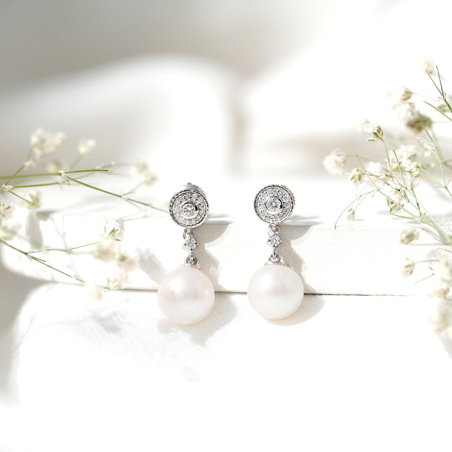 Real Pearl and Diamond Dangle Drop Earrings