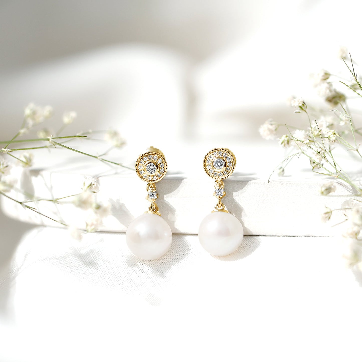 Real Pearl and Diamond Dangle Drop Earrings
