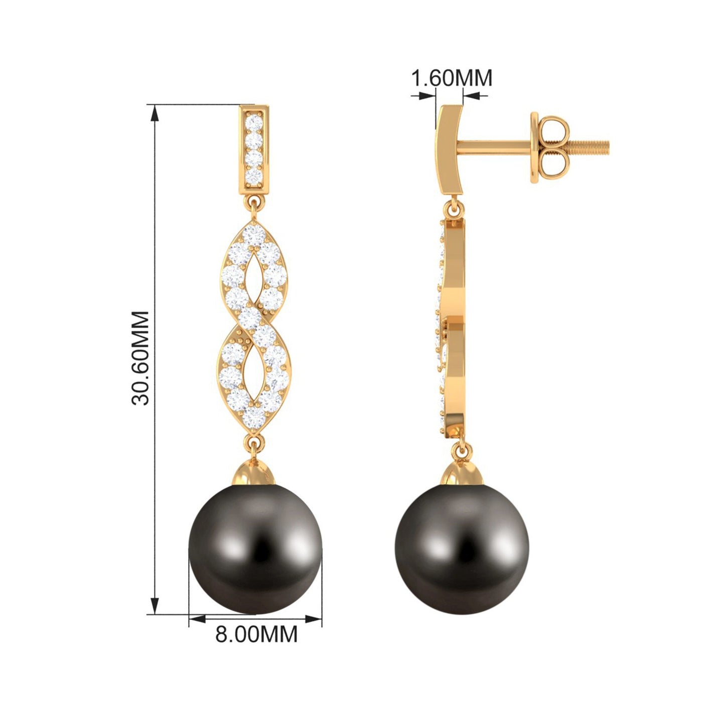 Cultured 15 Carat Tahitian Pearl Dangle Earrings with Diamond Infinity Knot