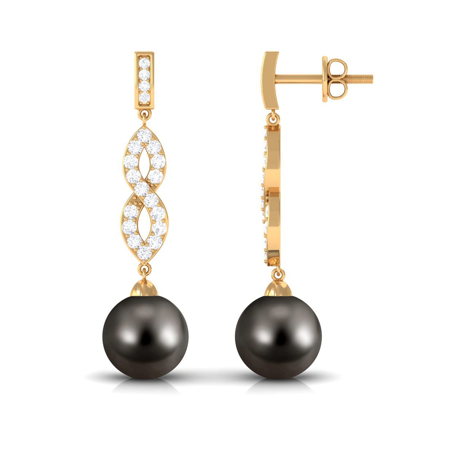 Cultured 15 Carat Tahitian Pearl Dangle Earrings with Diamond Infinity Knot