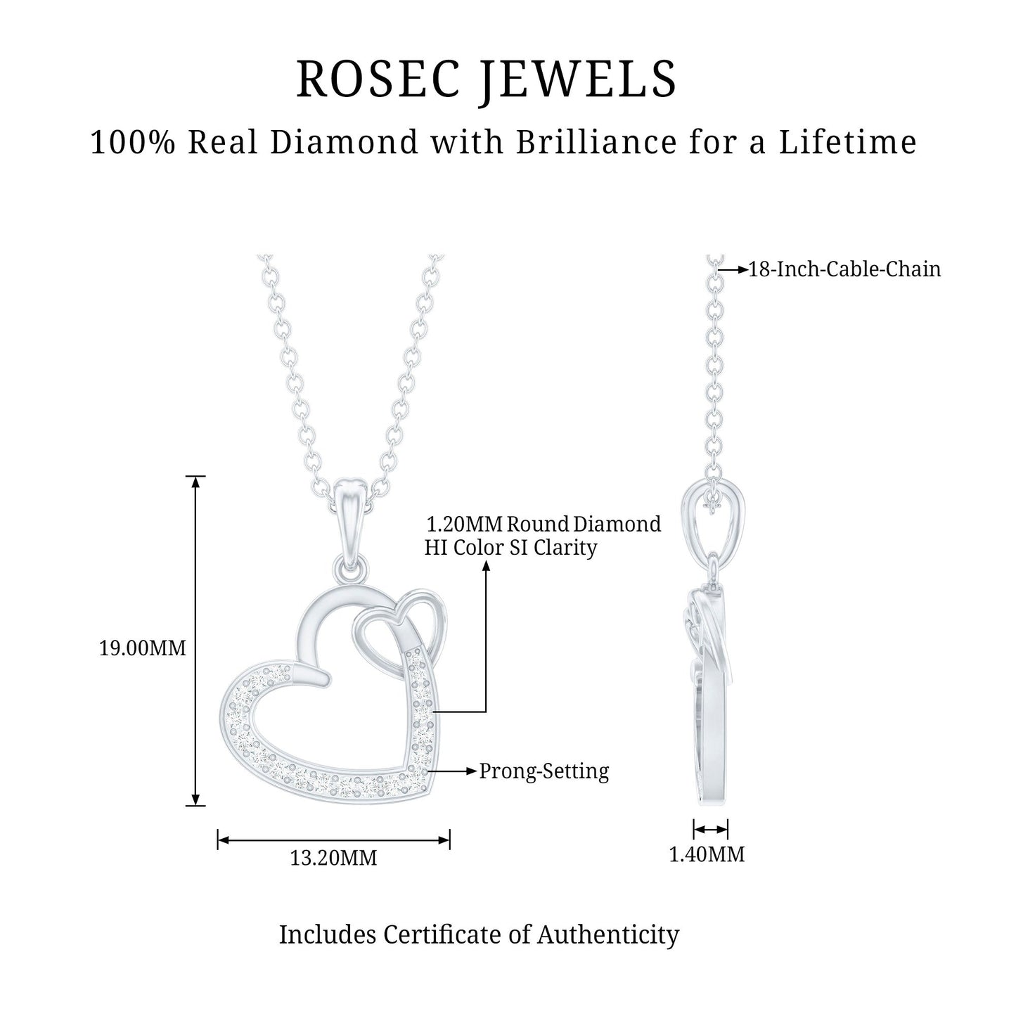 Natural Diamond Interlocked Heart Pendant Necklace