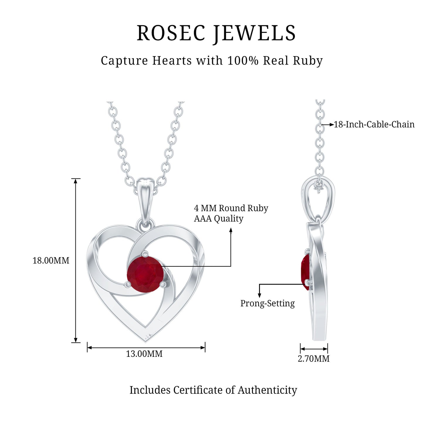 0.25 Carat Round Cut Solitaire Ruby Heart Pendant Necklace