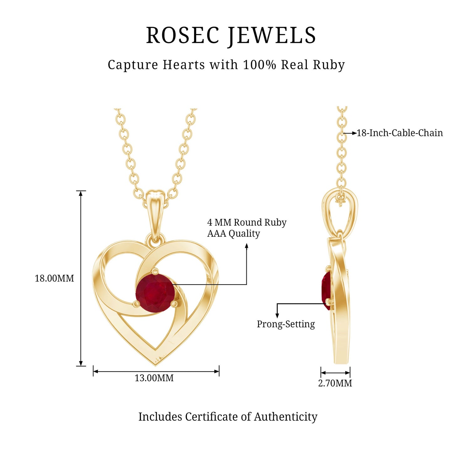 0.25 Carat Round Cut Solitaire Ruby Heart Pendant Necklace