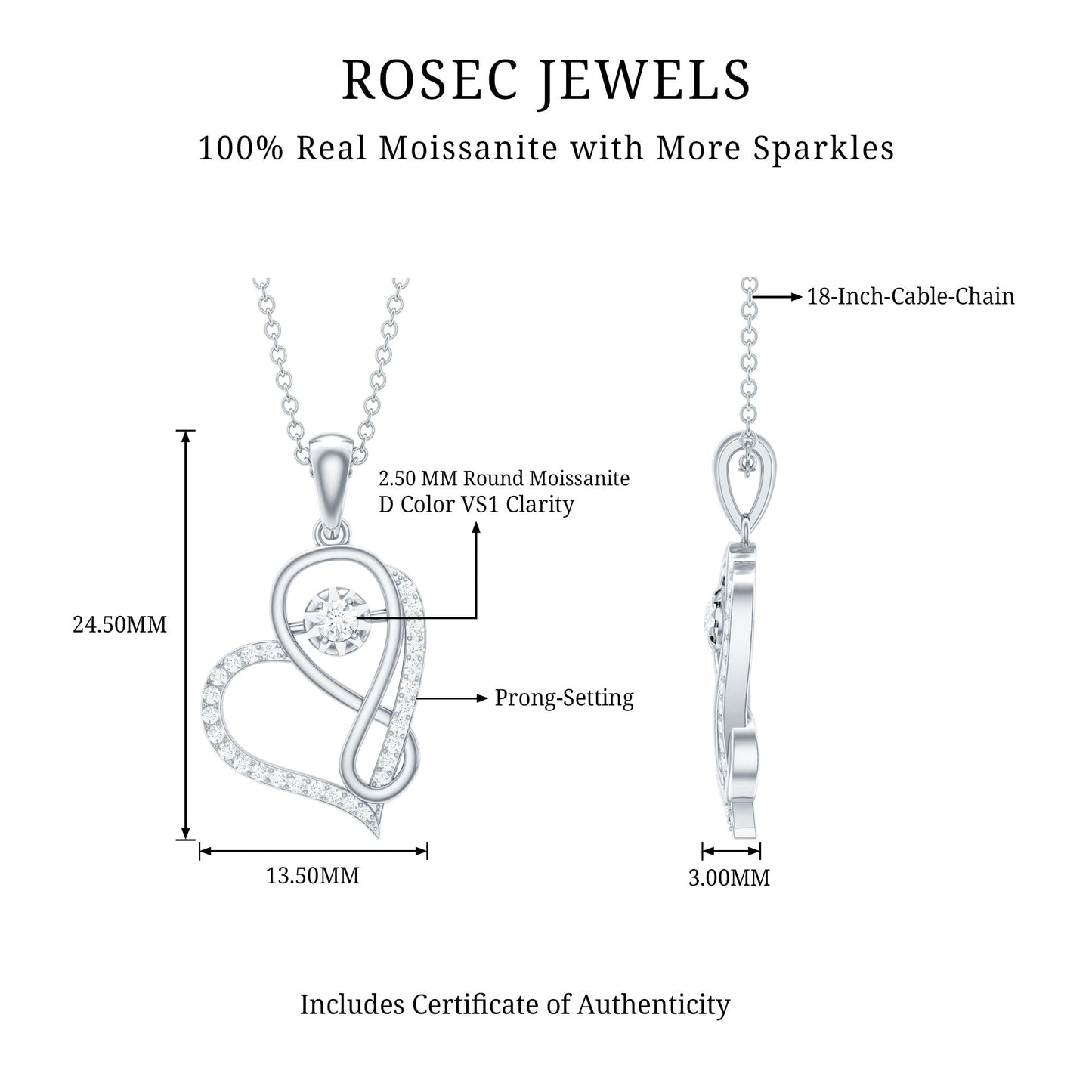 Womens Moissanite Infinity Heart Pendant Necklace With Chain
