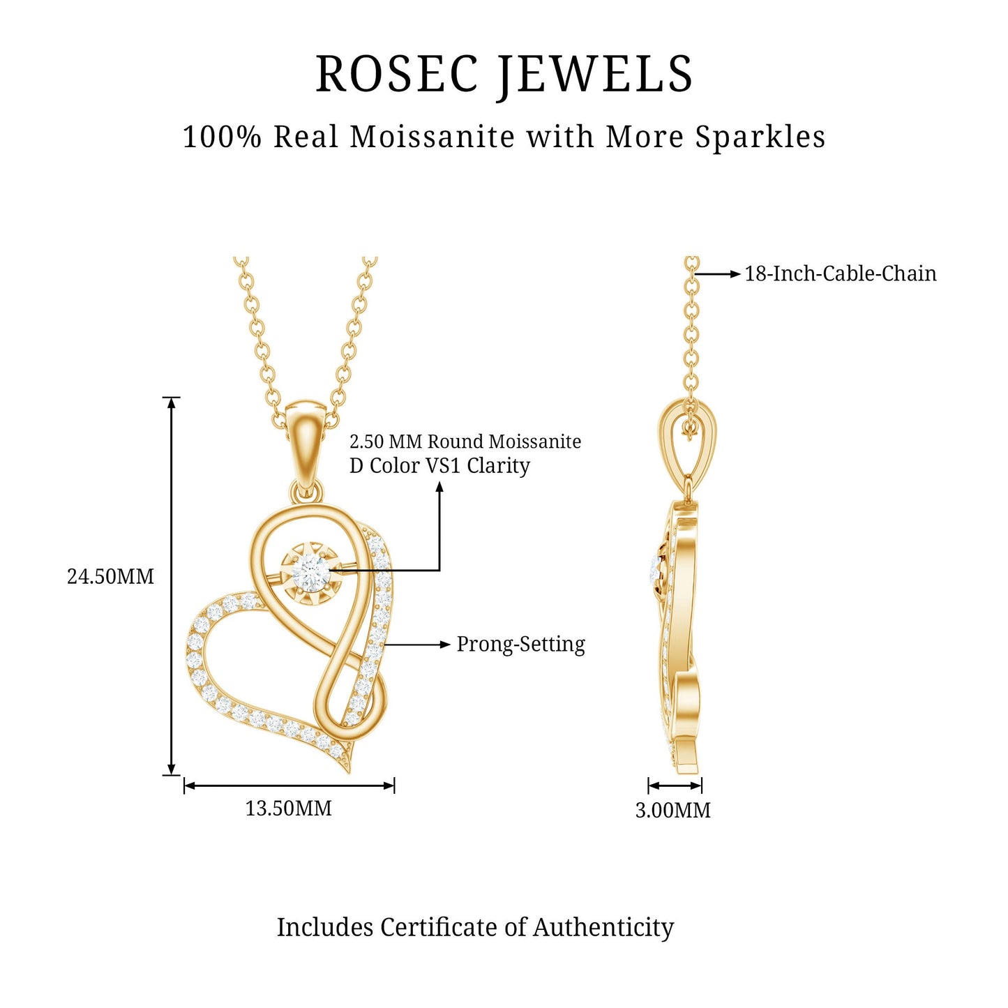 Womens Moissanite Infinity Heart Pendant Necklace With Chain