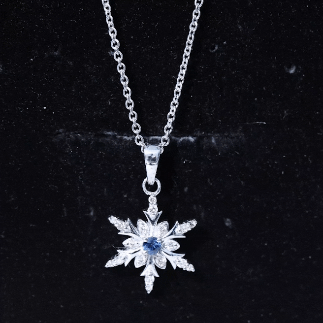 Contemporary Blue Sapphire and Diamond Snowflake Pendant Necklace