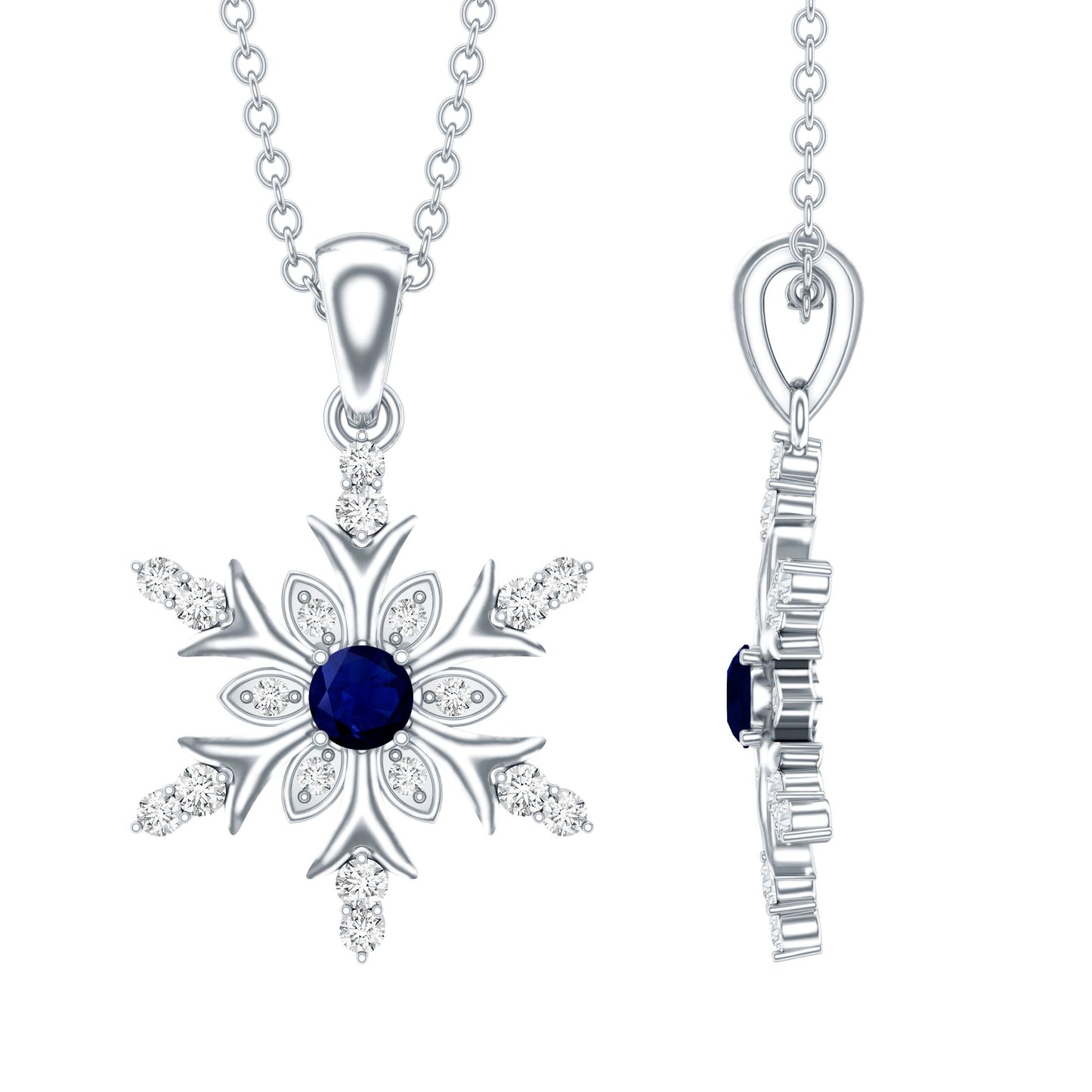 Contemporary Blue Sapphire and Diamond Snowflake Pendant Necklace