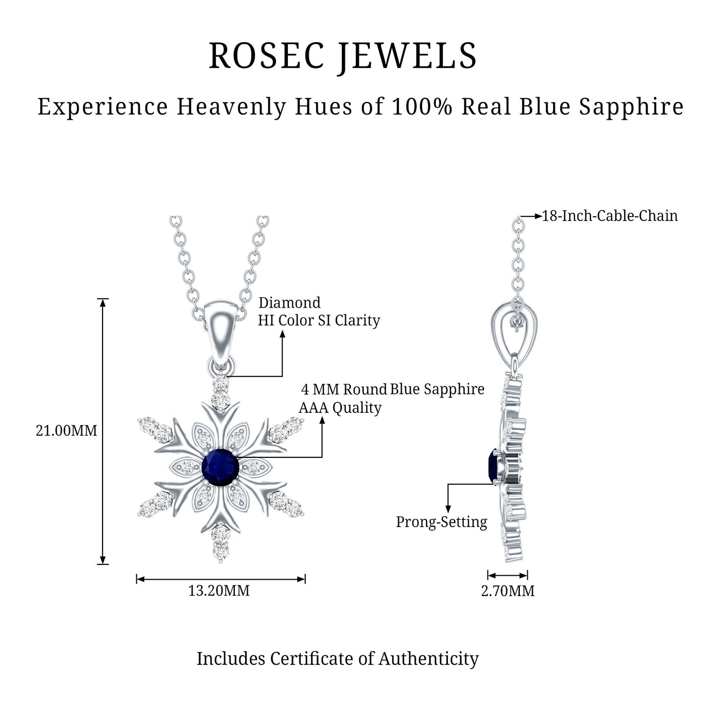 Contemporary Blue Sapphire and Diamond Snowflake Pendant Necklace