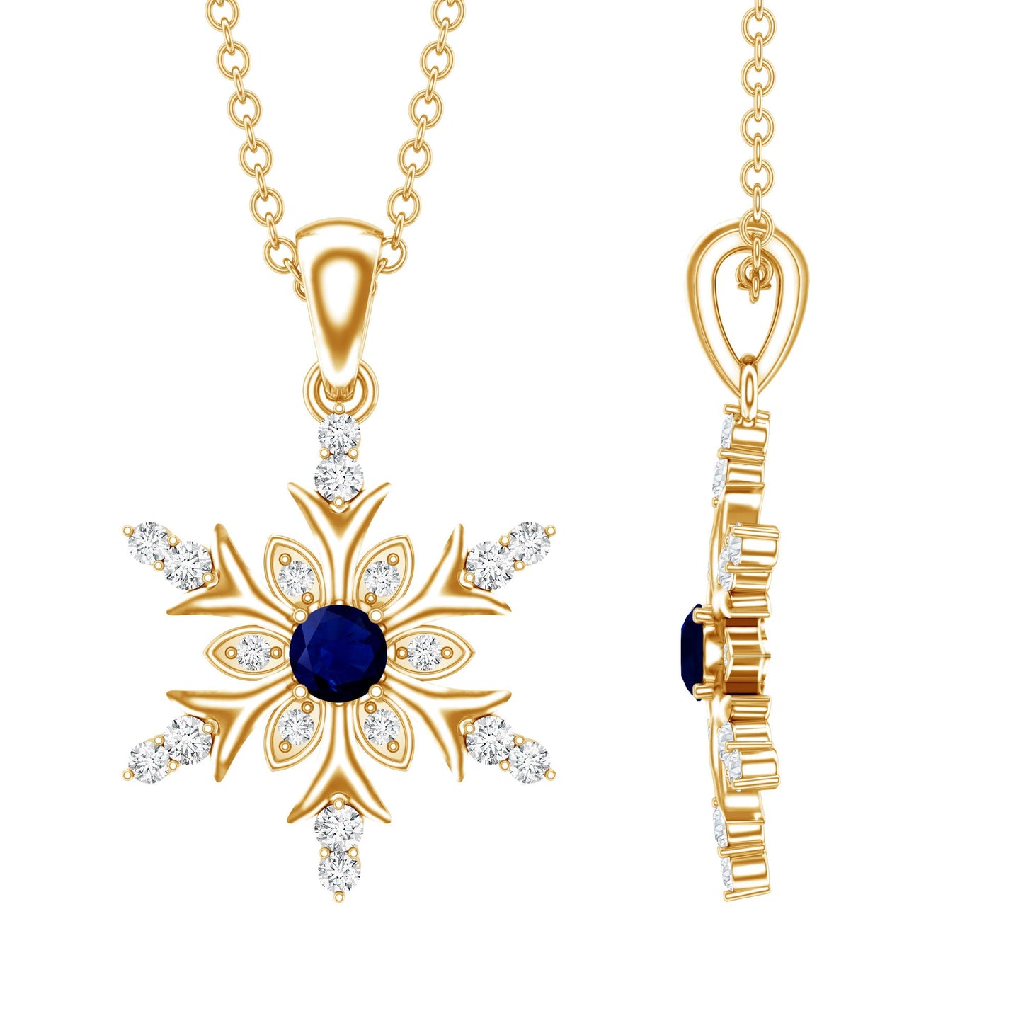 Contemporary Blue Sapphire and Diamond Snowflake Pendant Necklace