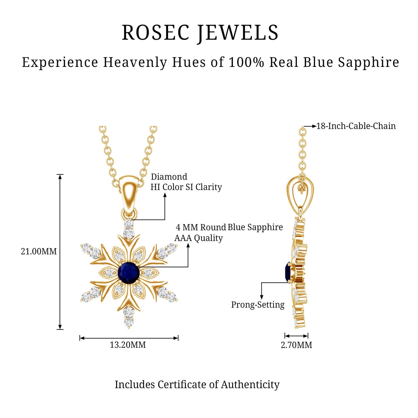 Contemporary Blue Sapphire and Diamond Snowflake Pendant Necklace