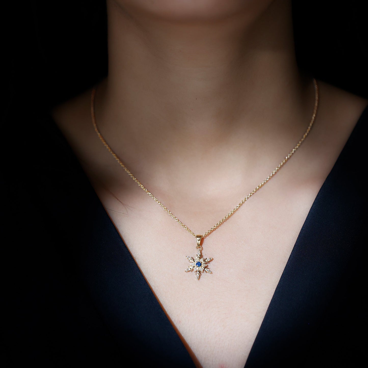 Contemporary Blue Sapphire and Diamond Snowflake Pendant Necklace
