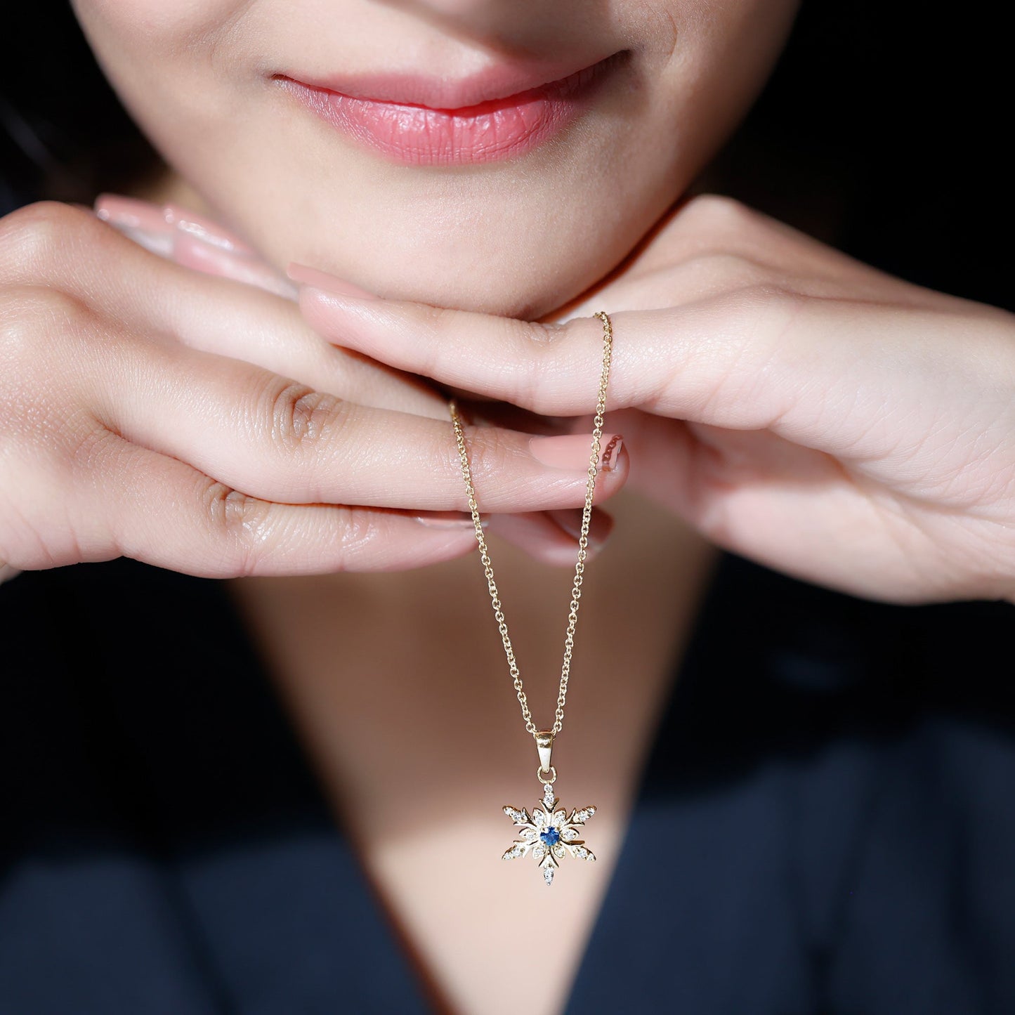 Contemporary Blue Sapphire and Diamond Snowflake Pendant Necklace