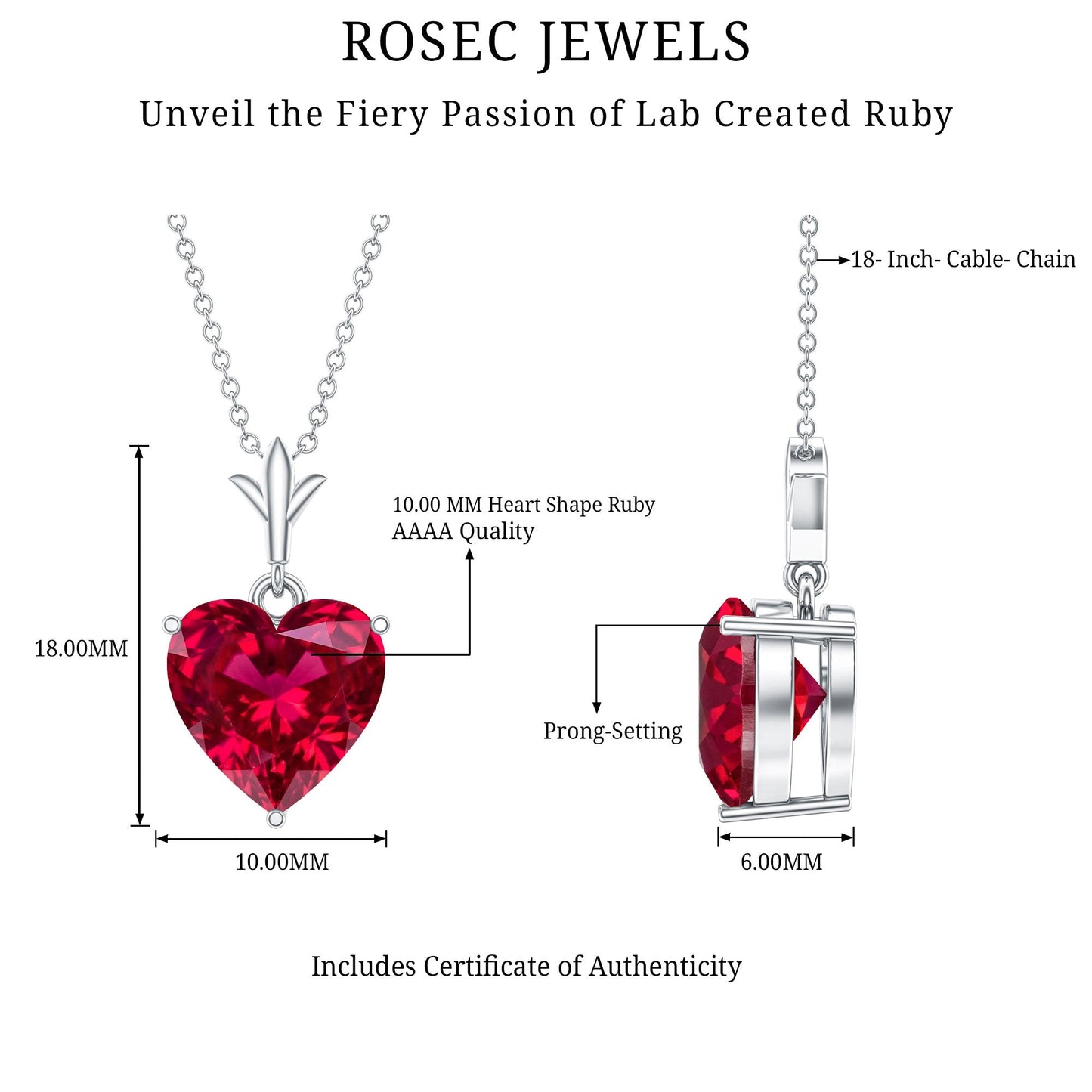 3.5 Carat Lab Grown Ruby Solitaire Heart Necklace