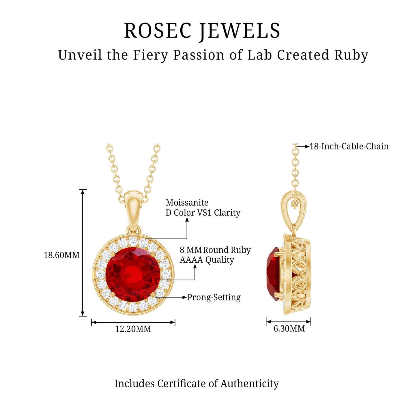 2.3 Carat Round Lab Grown Ruby and Diamond Halo Necklace
